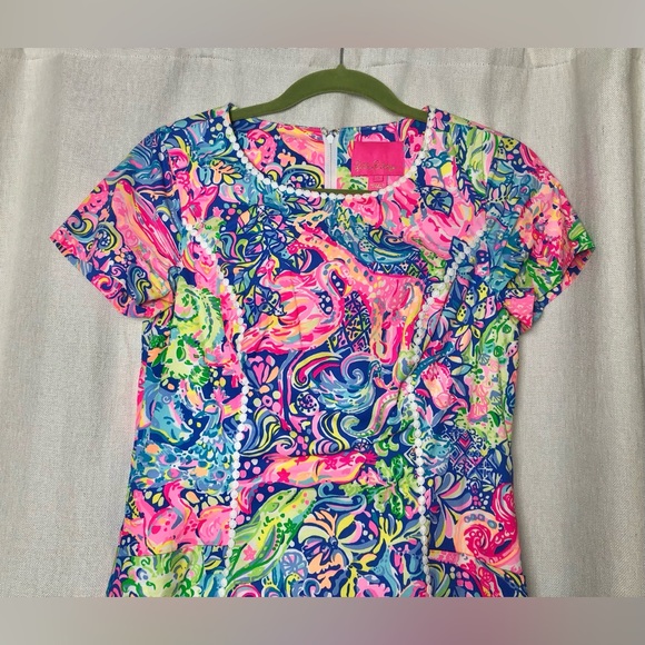 Lilly Pulitzer Shift Dress Pink Blue Floral Short Sleeve Crew Neck Knee Length 2 - Picture 3 of 16